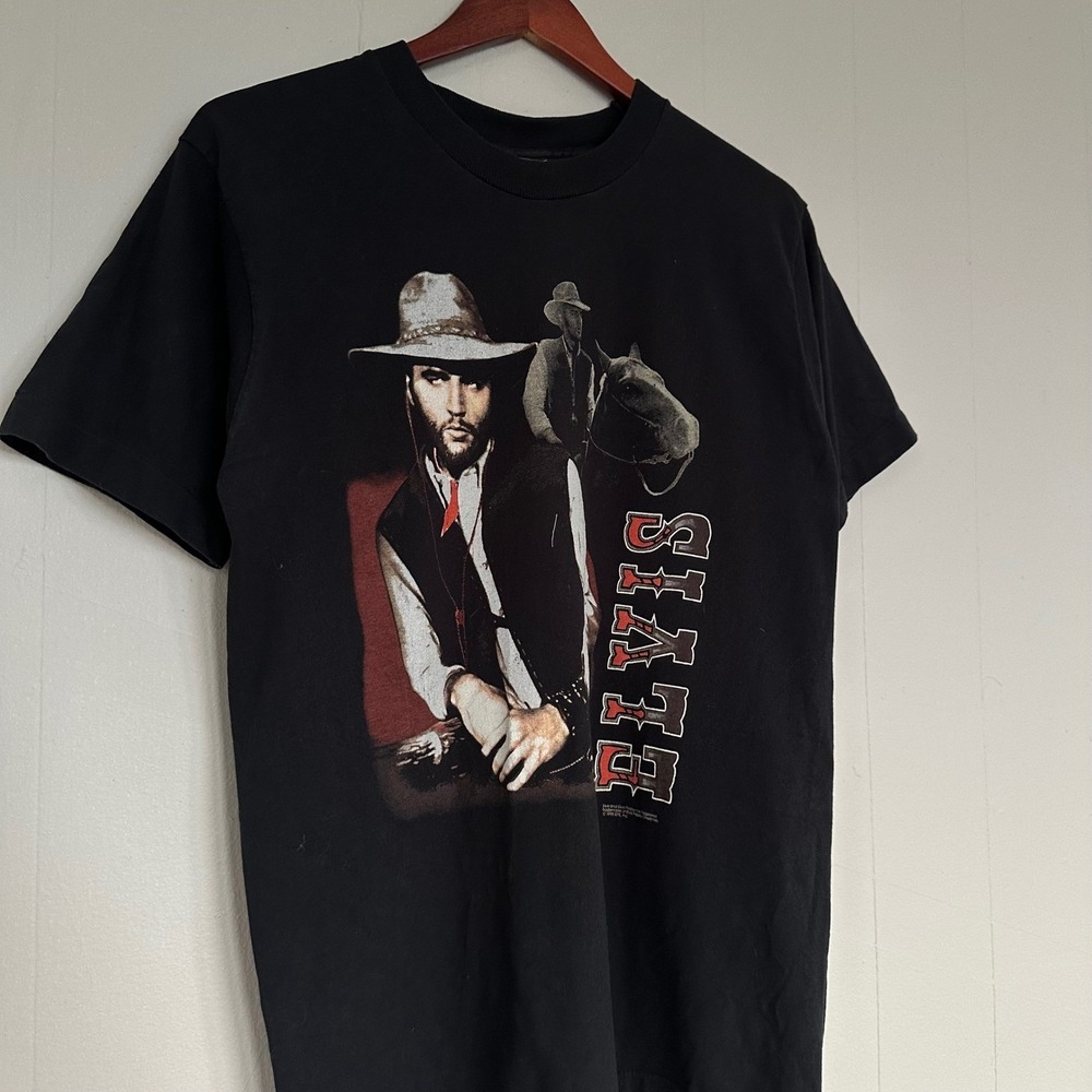 Vintage 90s Elvis Presley Cowboy Graphic Shirt Size M Black Single Stitch